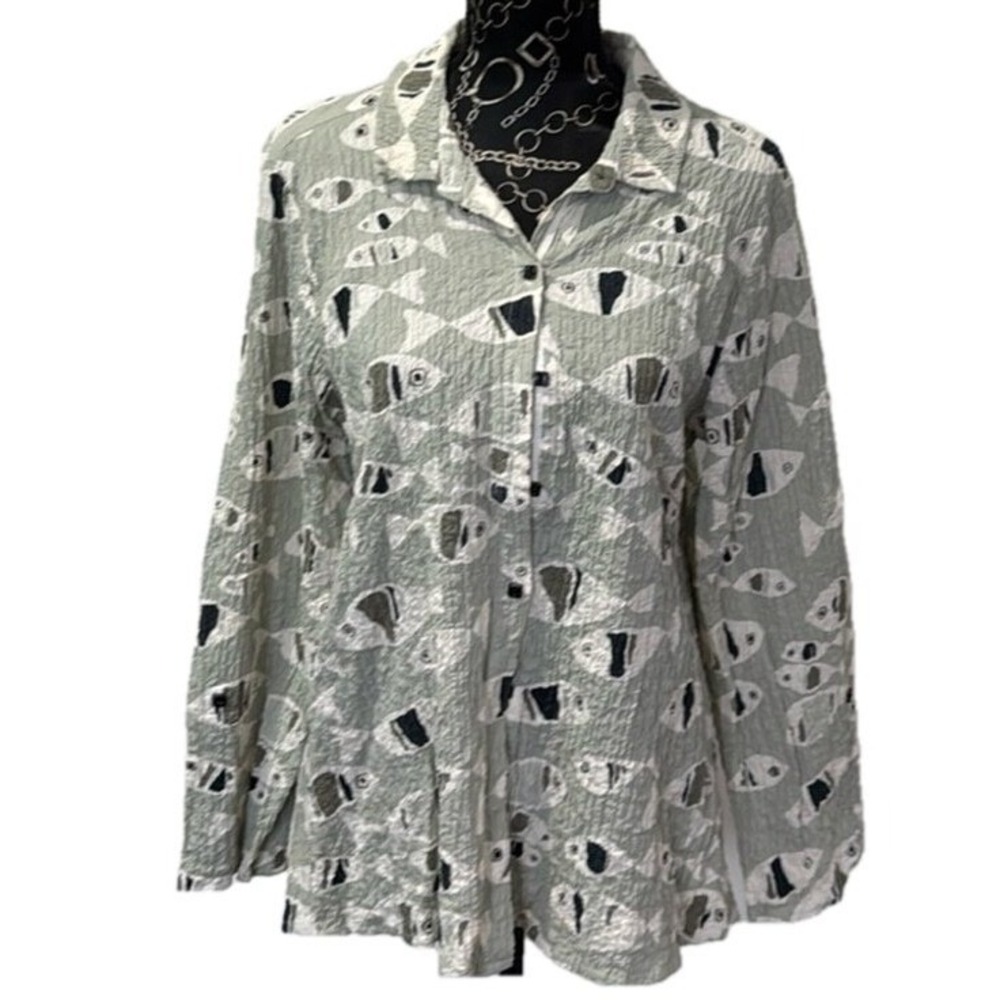 Habitat Clothes to Live‎ In Green Fish Print Crinkle Button Down Shirt Mens M